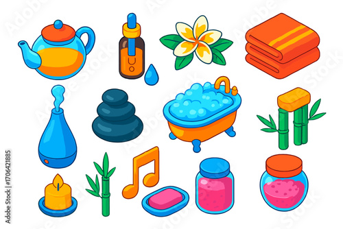 Wellness Relaxation Icons. Isometric vector illustration set relaxation icons for wellness: glass teapot, oil dropper, plumeria