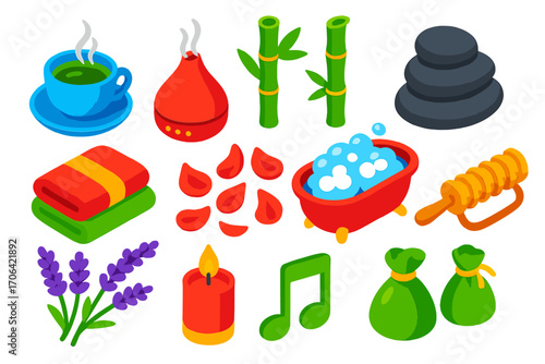 Wellness Icon Set. Isometric vector illustration set relaxation icons for wellness: steaming herbal tea cup, oil diffuser device,