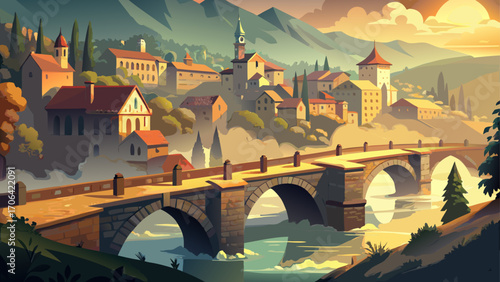 Panoramic view of a historic European stone bridge under morning mist, soft golden light filtering through, blending old-world charm and timeless elegance.