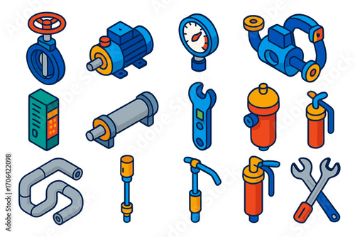 Industrial Automation Icons. Isometric vector illustration set industrial automation: butterfly valve, hydraulic pump, mechanical