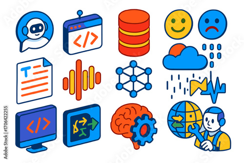 Bold Tech Icons. Isometric vector illustration set AI, chat, code, NLP, database, sentiment: AI brain gear, chat bubble robot,