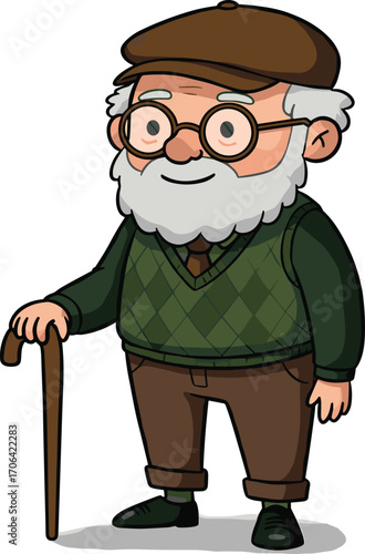 Cartoon elderly man character, smiling senior with cane, friendly grandpa illustration, old man in vintage outfit, children’s educational mascot