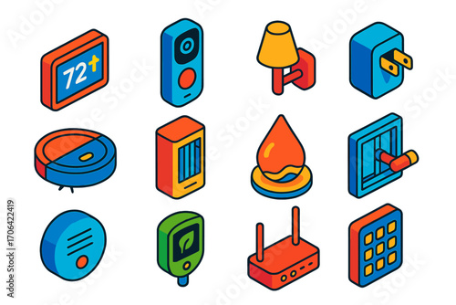 Smart Home Icon Set. Isometric vector illustration set smart home icons: smart touchscreen thermostat, doorbell cam, smart wall
