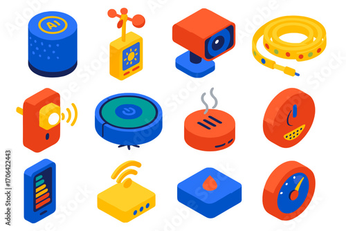 Smart Home Icon Set. Isometric vector illustration set smart home icons: AI speaker hub, weather station sensor, wireless security