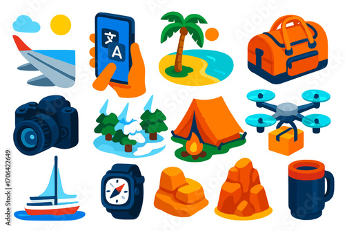 Travel and Tech Icons. Isometric vector illustration set travel, technology, and nature themes: airplane wing view, smartphone