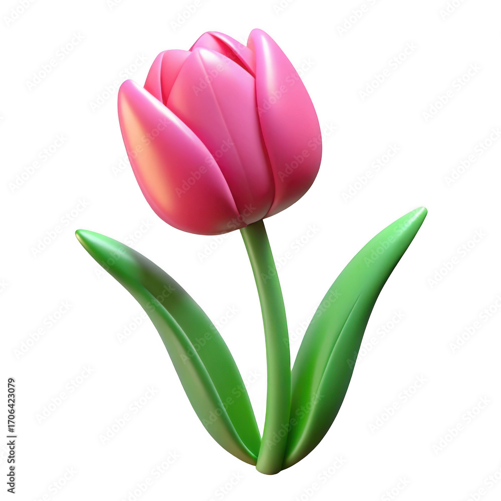 Fototapeta premium 3d realistic pink tulip flower with green leaves detailed render transparent background