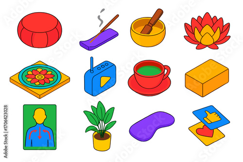 Mindfulness Icon Set. Isometric vector illustration set Mindfulness practice: meditation cushion, incense holder, Tibetan singing
