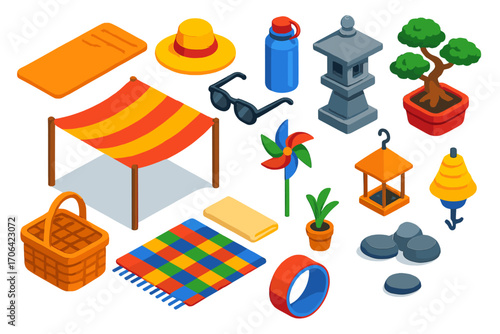 Outdoor Meditation Essentials. Isometric vector illustration set Outdoor meditation: meditation mat, sun hat, water flask,