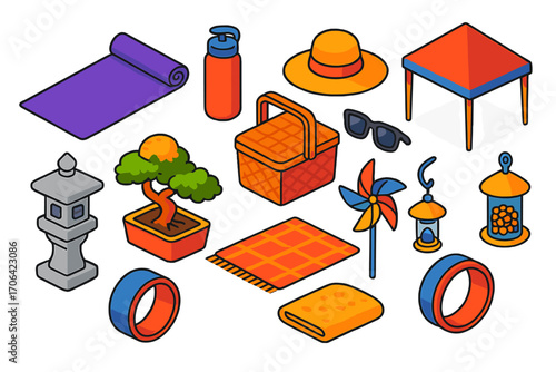 Outdoor Meditation Essentials. Isometric vector illustration set Outdoor meditation: meditation mat, sun hat, water flask,