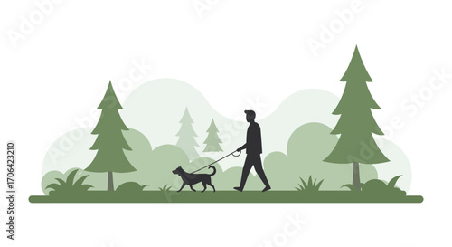 a man walking his dog through a serene forest landscape