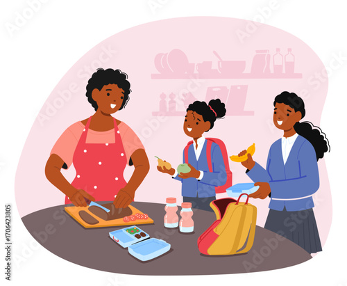 Happy mother cooking breakfast for her daughters while kids packing rucksack cartoon scene
