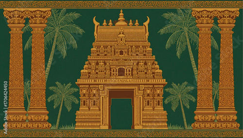 South Indian temple art with carved pillars, kolam motifs, and jasmine-adorned gopuram framed by coconut palms in ochre and green.
