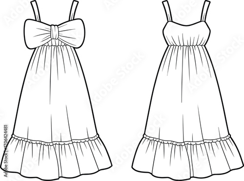 Sleeveless dress fashion sketch, front and back view, ruffle hem, bow detail, technical garment illustration, trendy feminine outfit design
