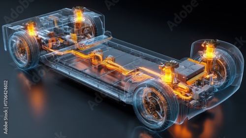 Electric car chassis, a transparent view of the internal components of the electric vehicle