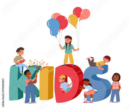Funny preschool children having fun playing games together over huge colorful letters of kids zone