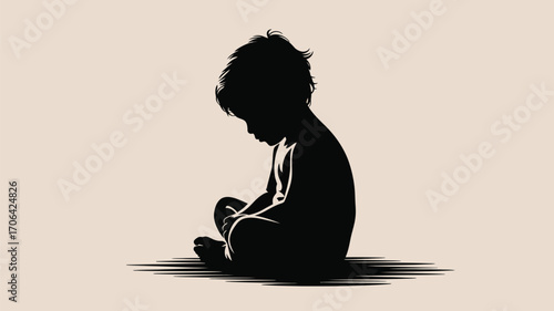 Pensive child silhouette sitting alone, evoking feelings of sadness and childhood vulnerability