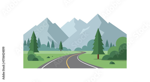 a winding road leading to distant mountains surrounded by trees