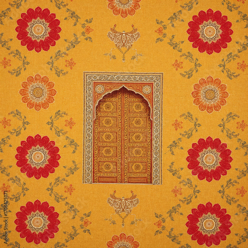 Vibrant Indian folk art with Warli and Madhubani motifs, wooden doorway, rangoli, flower petals, festive courtyard in multicolor tones.