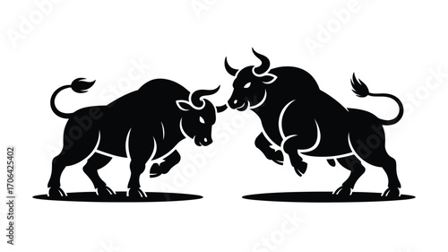 Powerful black bull fight silhouette, symbolizing strength and determination in business or finance markets