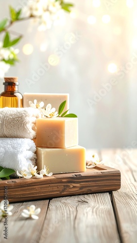 Spa products, natural soaps, and towels on a wooden surface