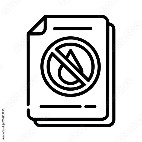 No water damage document icon for insurance claims, property protection, and leak prevention. Modern line art for reports, policies, and safety guidelines