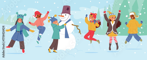 Happy overjoyed children wearing cute winter hats and warm clothes enjoying outdoor activities
