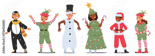 Cute children cartoon characters wearing bright Christmas costumes standing in row isolated on white