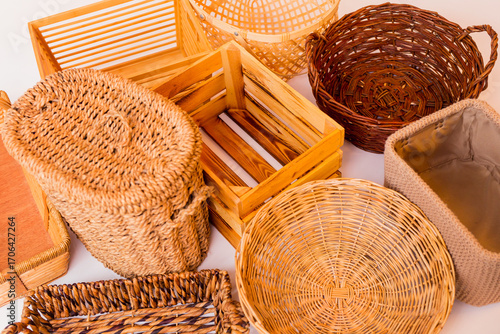 Various kinds of baskets closeup