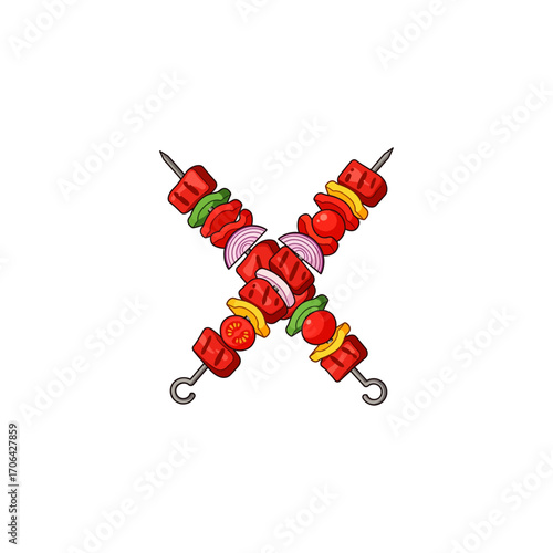 Crossed grilled shish kebab on skewers stick icon flat vector design.
