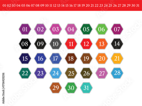 Vibrant colored hexagonal numbered tiles 01 through 31 perfect for calendars or educational games