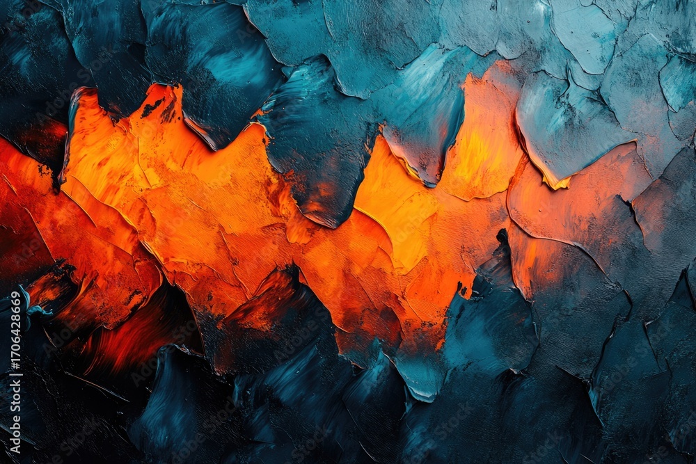 Fototapeta premium Abstract painting with vibrant orange and teal hues, thick impasto texture, creating a dynamic visual contrast.