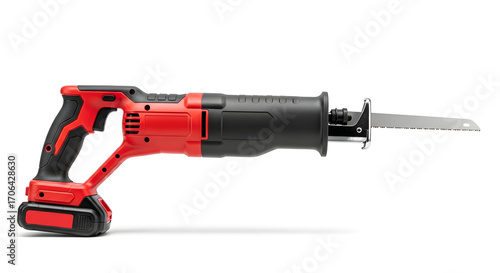 A sleek cordless reciprocating saw with a red and black body, designed for heavy-duty cutting tasks. It features a comfortable grip and a long, sharp blade ideal for demolition and construction work.