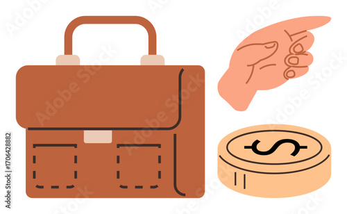 Briefcase, coin stack with dollar sign, and pointing hand emphasizing choice, career, money, and business tools. Ideal for finance, investment, workplace leadership decision-making economics