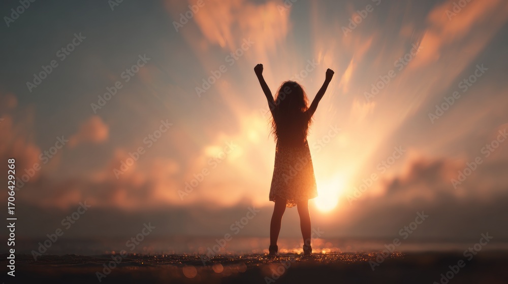 Fototapeta premium Silhouette of a young woman with raised arms at sunset, embracing freedom and success amidst a