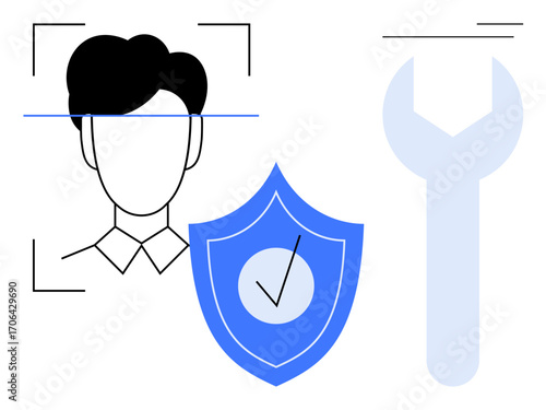 Facial recognition interface with shield featuring a check, and a wrench symbolizing data security, privacy, and technology. Ideal for cybersecurity, authentication, tech tools, identity, privacy