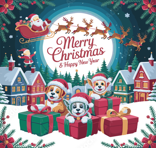 Three cute dogs wearing Santa hats peek out from behind Christmas presents in a snowy village scene with Santa in his sleigh