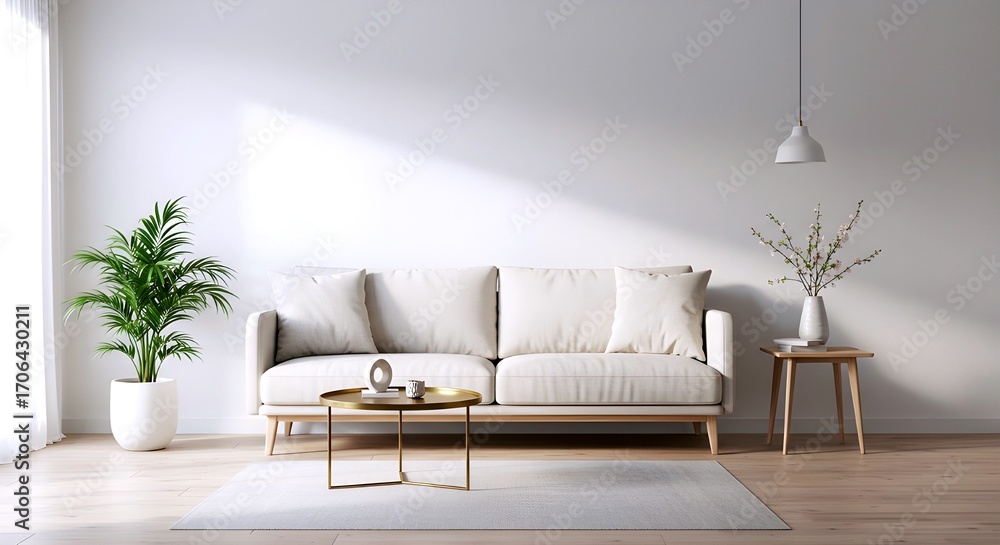 Fototapeta premium Modern living room with comfortable sofa decorative plants and minimalist furniture