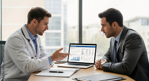 Male doctor in a white coat explains medical data and charts on a laptop to a businessman during a professional consultation