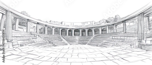 Ancient amphitheater architectural sketch monochromatic line drawing historical building illustration