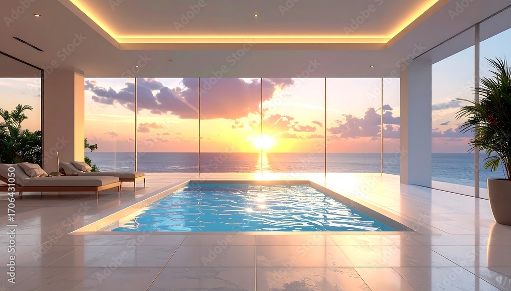 Fototapeta premium Modern penthouse with infinity pool, sunset view