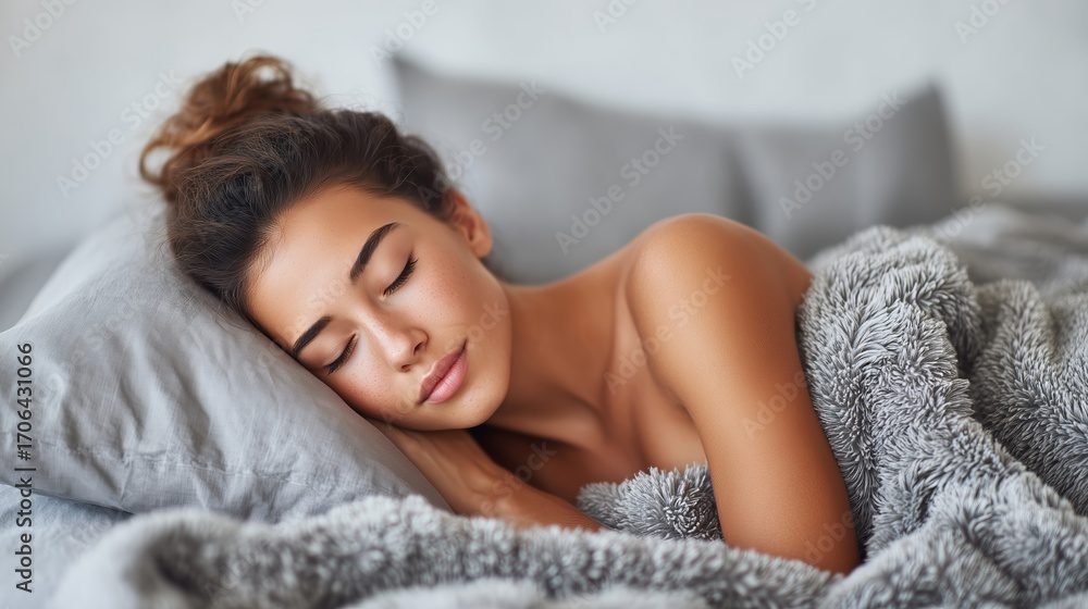 Naklejka premium Young woman sleeping peacefully in bed. Cozy and relaxing morning or night for a healthy lifestyle design. Good rest for relaxation concept.