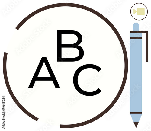 Alphabet letters A, B, C inside a stylized circle alongside a pen and a small video icon. Ideal for education, literacy, online learning, communication, creativity, academic tools digital resources