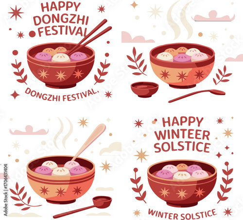 Four illustrations of bowls with colorful dumplings and festive text for Dongzhi Festival and Winter Solstice