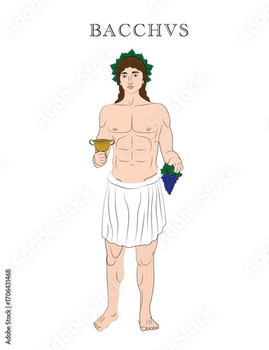 Vector illustration of Bacchus, Roman god of wine-making, orchards, fruits, vegetation, fertility, festivity, ritual madness and theatre.