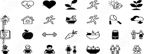 Healthy Lifestyle Icon Set. Line and solid Vector Illustrations of Wellness, Fitness, Nutrition, and Lifestyle
