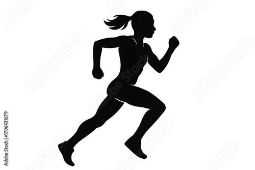 Silhouette of female runner sprinting fast during marathon or competition isolated on white background