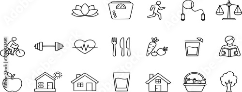 Healthy Lifestyle Icon Set. Line and solid Vector Illustrations of Wellness, Fitness, Nutrition, and Lifestyle