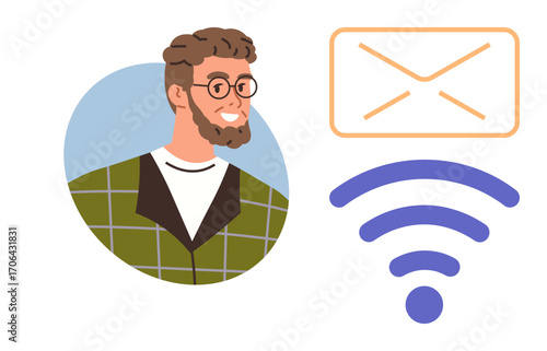 Portrait of smiling man in casual attire next to an envelope and wireless symbol, symbolizing digital communication, email, and online connectivity. Ideal for tech, social media, messaging