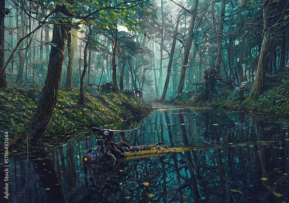 Fototapeta premium Eerie Wilderness Mechanical Creature Surreal Forest Reflection Water