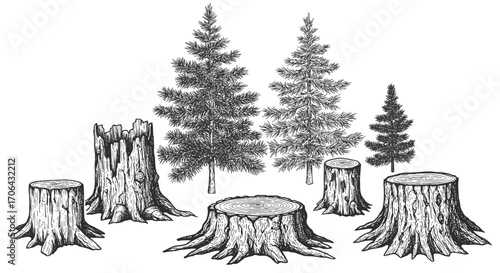 Vintage ink sketch collection of pine tree stumps and fir trees, black and white vector engraving illustration, SVG